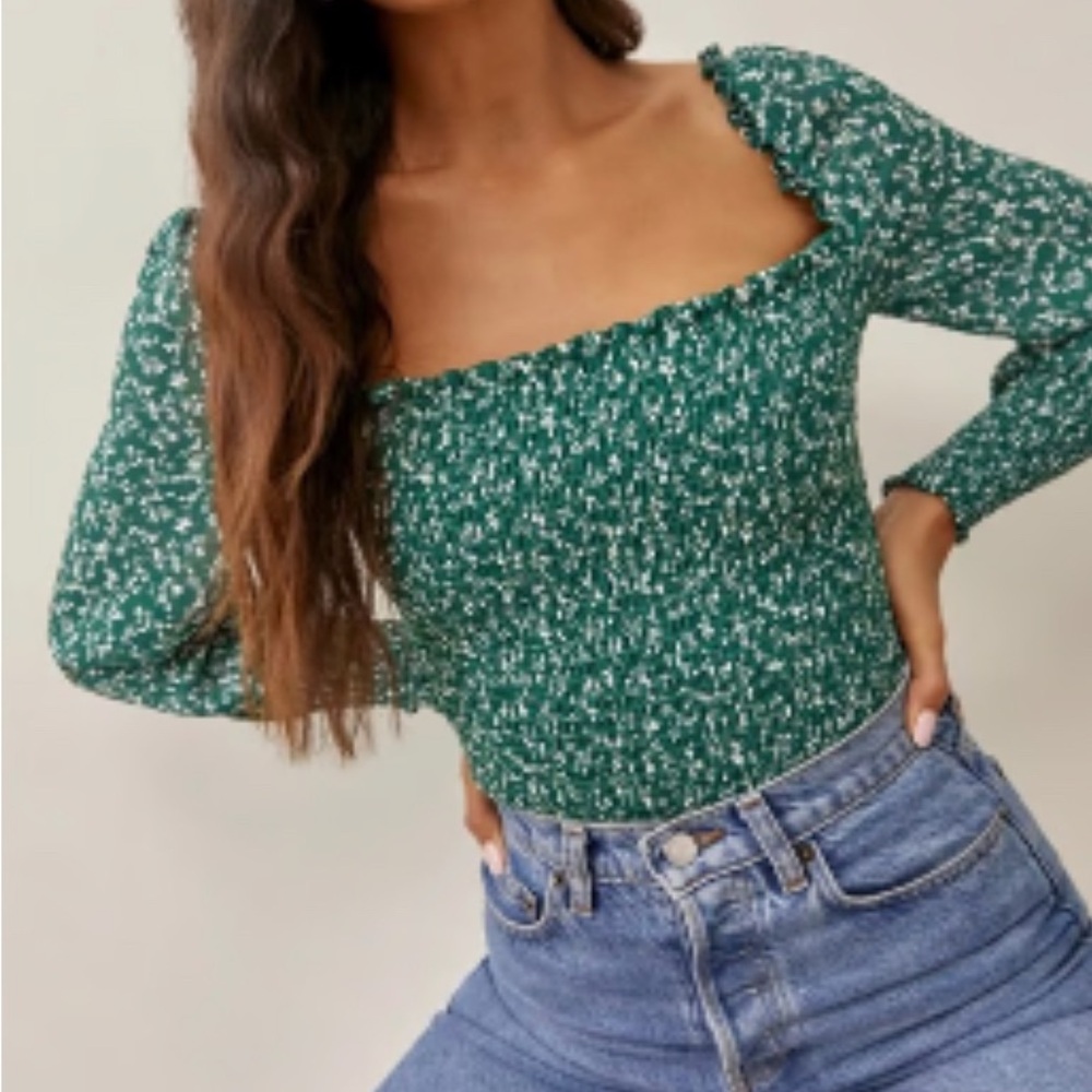 Reformation Pinto Top Green Floral Smocked Women's Top